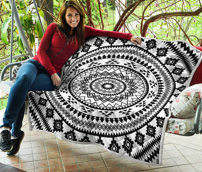 Black And White Tribal Mandala Print Quilt