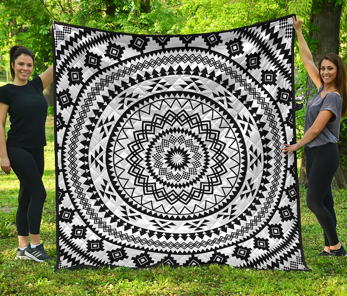 Black And White Tribal Mandala Print Quilt