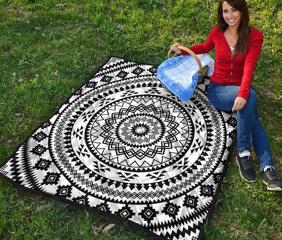 Black And White Tribal Mandala Print Quilt