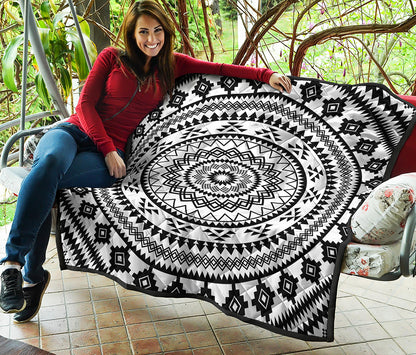 Black And White Tribal Mandala Print Quilt