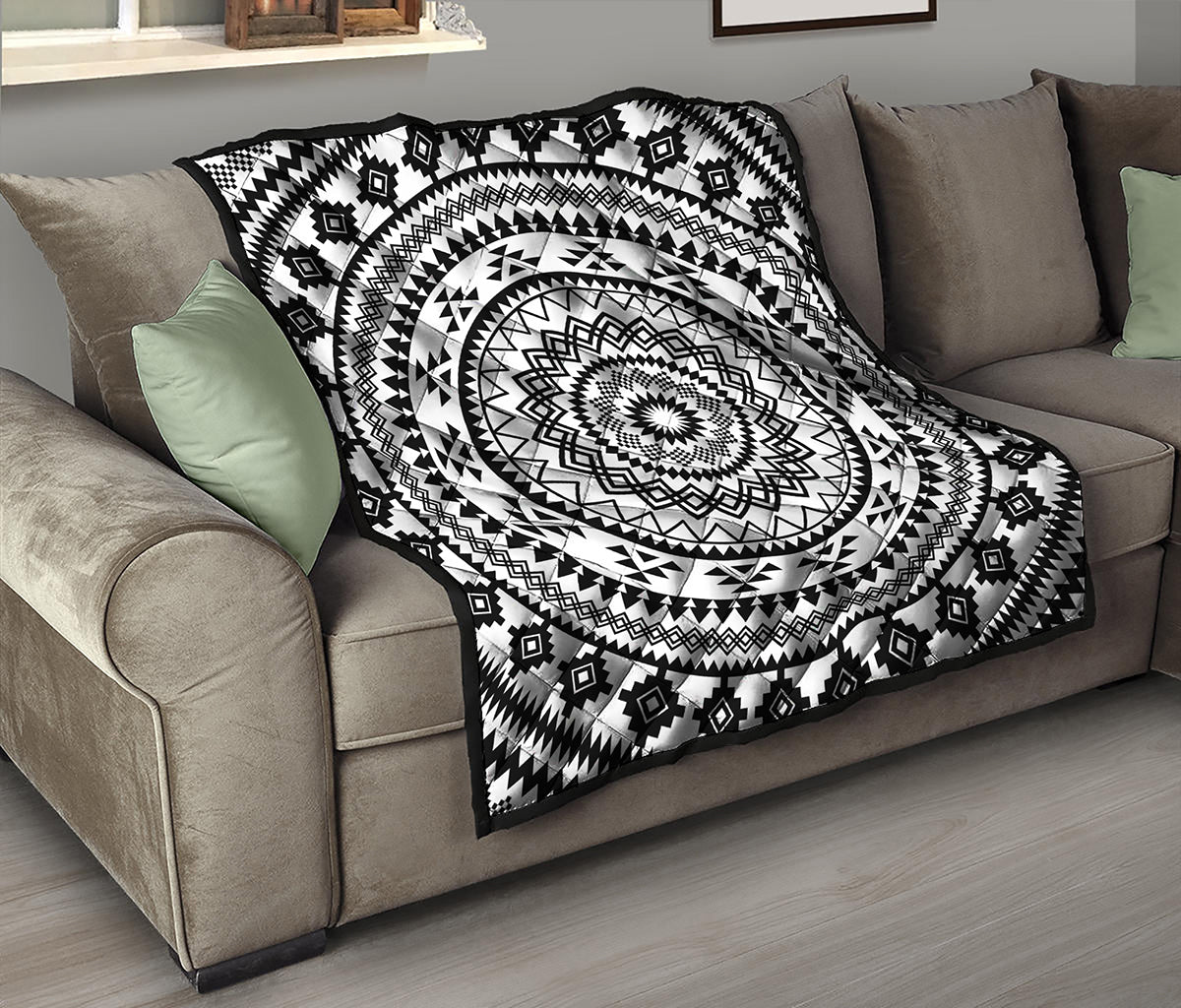 Black And White Tribal Mandala Print Quilt