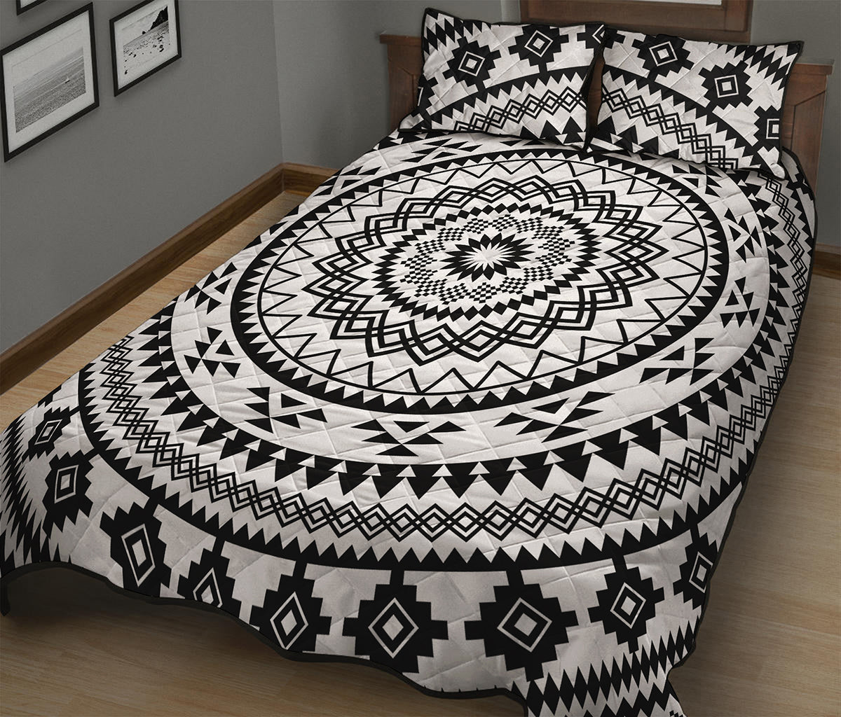 Black And White Tribal Mandala Print Quilt Bed Set