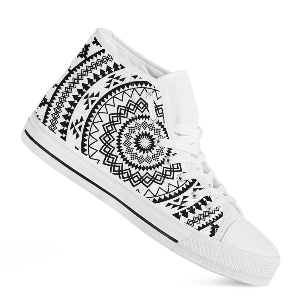 Black And White Tribal Mandala Print White High Top Shoes