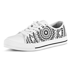 Black And White Tribal Mandala Print White Low Top Shoes