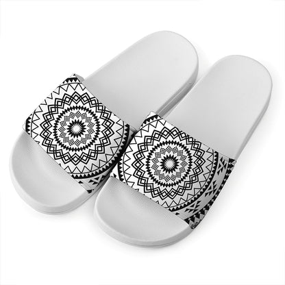 Black And White Tribal Mandala Print White Slide Sandals