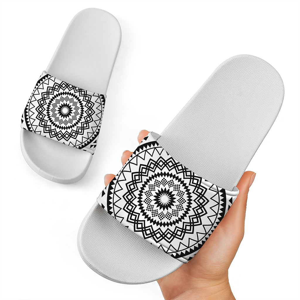 Black And White Tribal Mandala Print White Slide Sandals