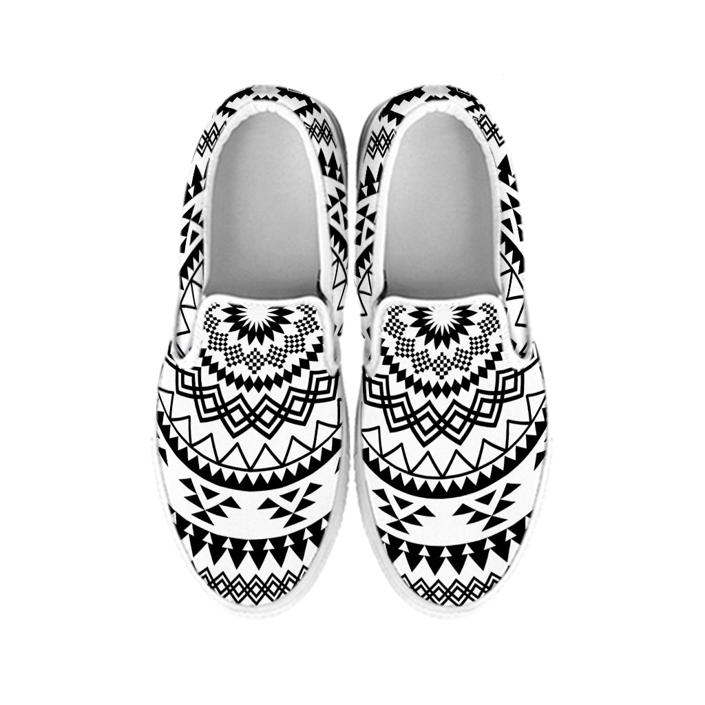 Black And White Tribal Mandala Print White Slip On Shoes