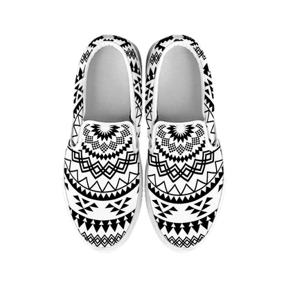 Black And White Tribal Mandala Print White Slip On Shoes