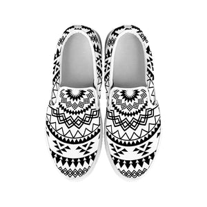 Black And White Tribal Mandala Print White Slip On Shoes