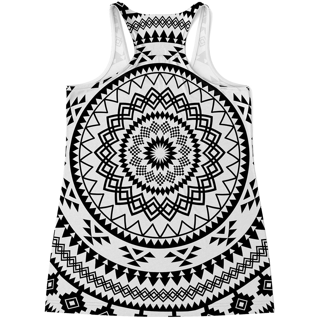 Black And White Tribal Mandala Print Women's Racerback Tank Top