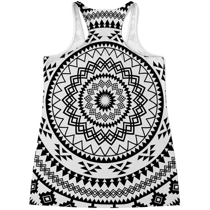 Black And White Tribal Mandala Print Women's Racerback Tank Top