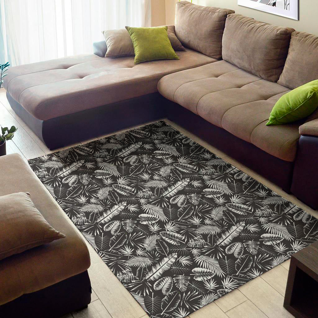 Black And White Tropical Palm Leaf Print Area Rug