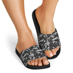 Black And White Tropical Palm Leaf Print Black Slide Sandals