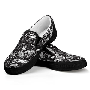 Black And White Tropical Palm Leaf Print Black Slip On Shoes