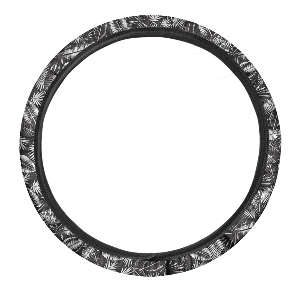 Black And White Tropical Palm Leaf Print Car Steering Wheel Cover