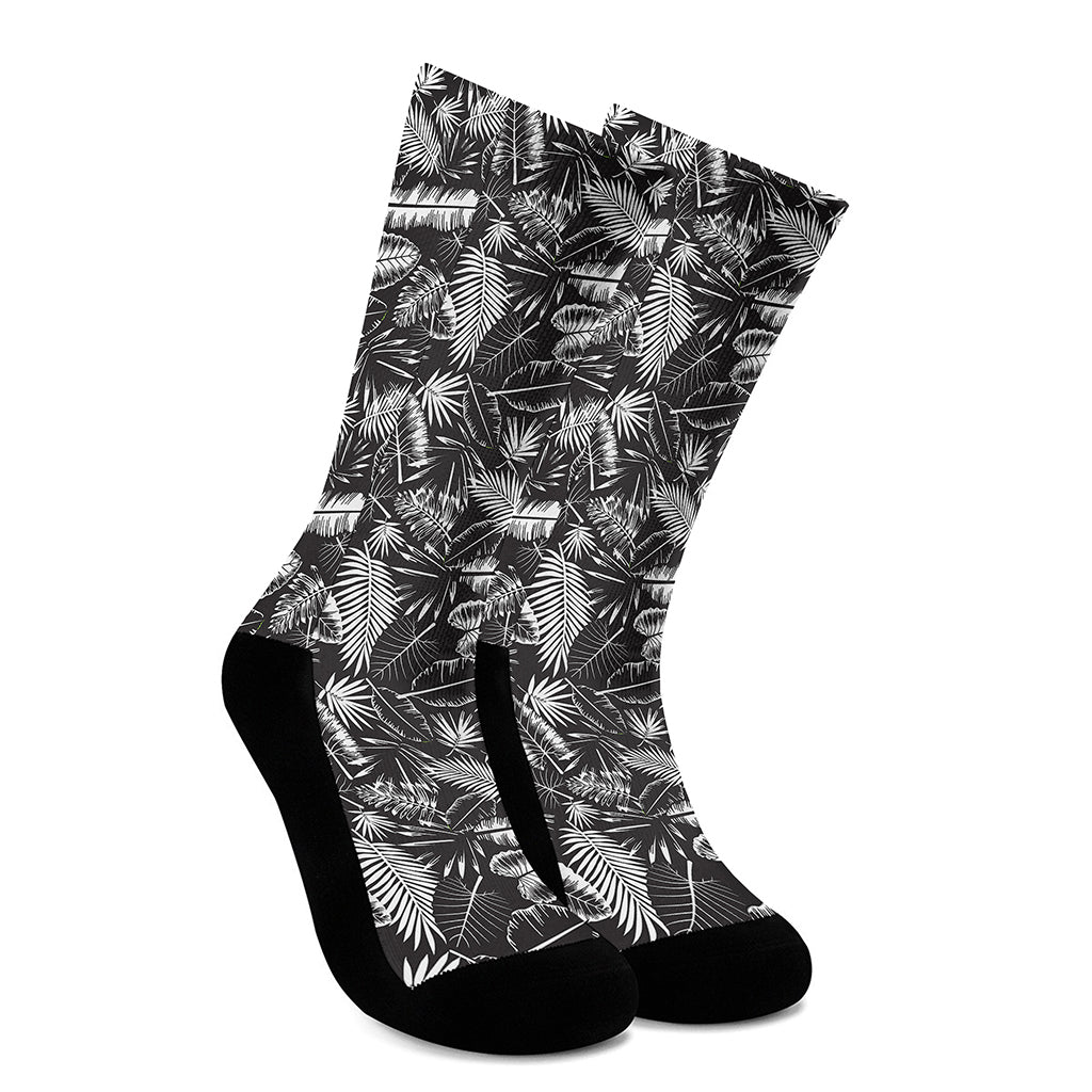 Black And White Tropical Palm Leaf Print Crew Socks