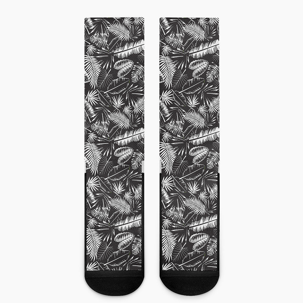 Black And White Tropical Palm Leaf Print Crew Socks