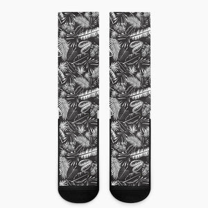 Black And White Tropical Palm Leaf Print Crew Socks