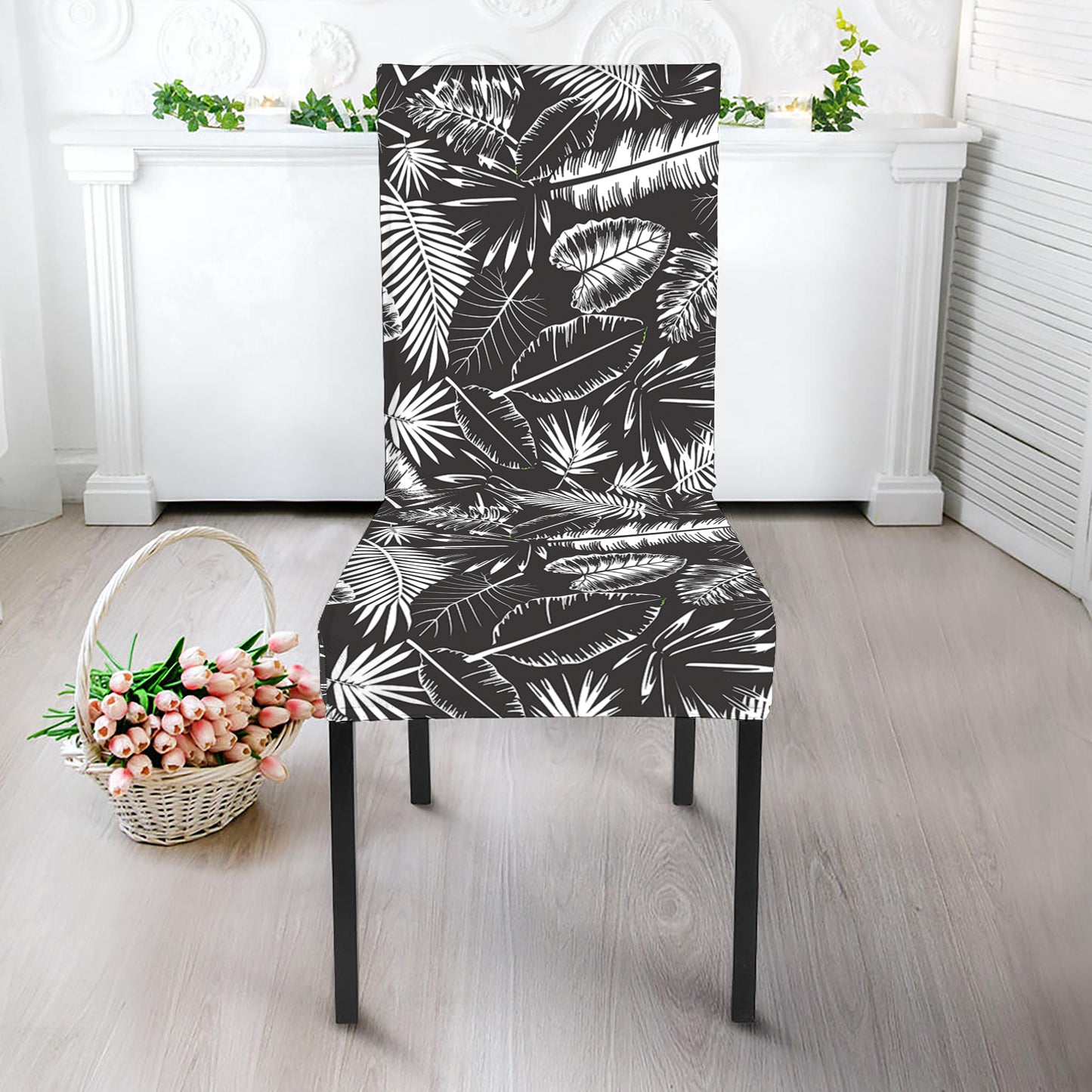 Black And White Tropical Palm Leaf Print Dining Chair Slipcover