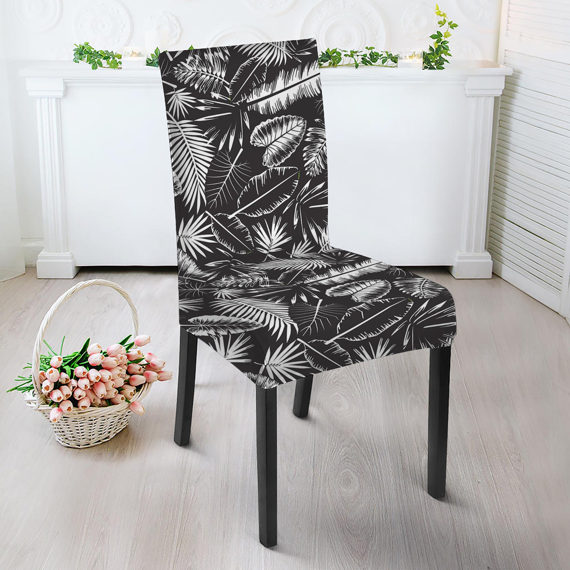 Black And White Tropical Palm Leaf Print Dining Chair Slipcover
