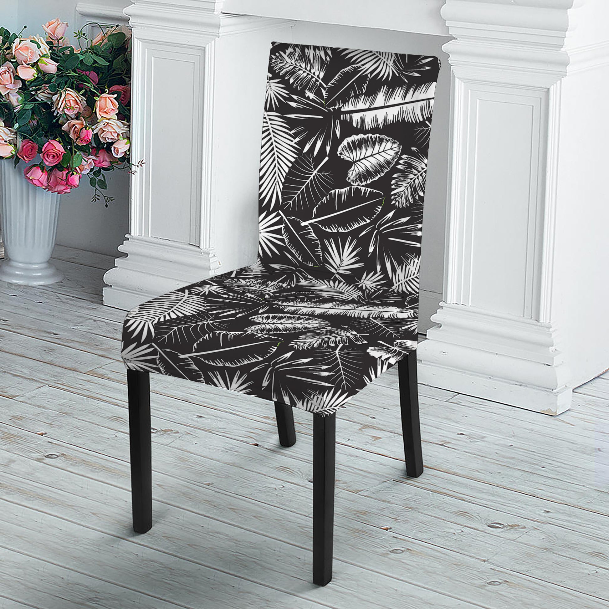 Black And White Tropical Palm Leaf Print Dining Chair Slipcover