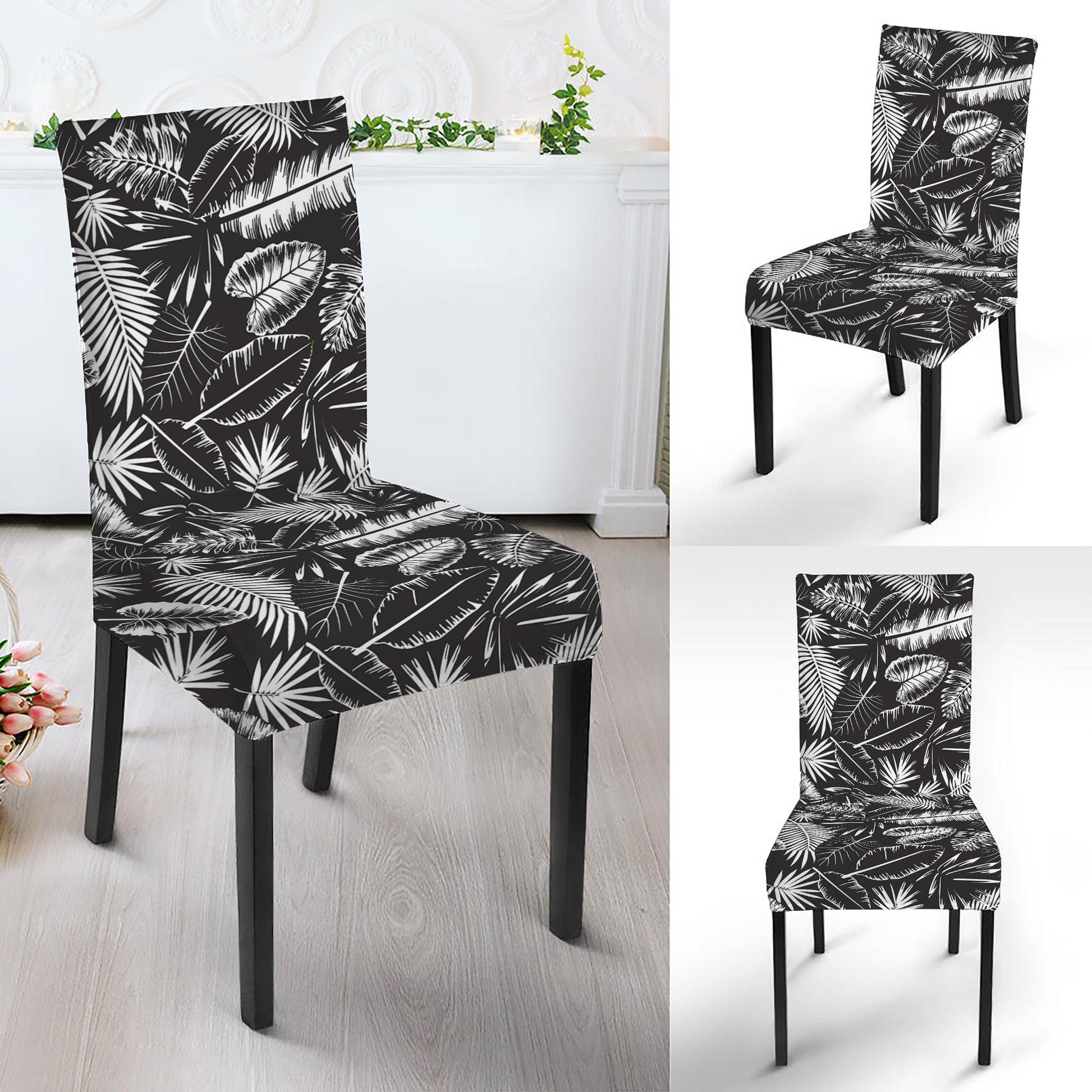 Black And White Tropical Palm Leaf Print Dining Chair Slipcover