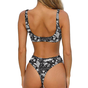 Black And White Tropical Palm Leaf Print Front Bow Tie Bikini