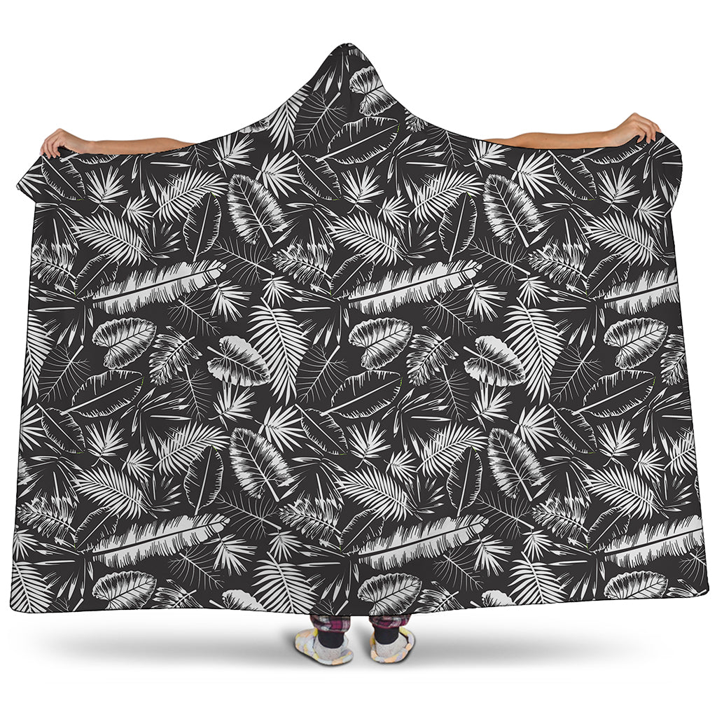 Black And White Tropical Palm Leaf Print Hooded Blanket