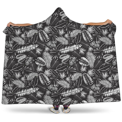 Black And White Tropical Palm Leaf Print Hooded Blanket