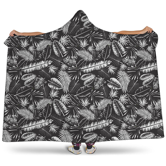 Black And White Tropical Palm Leaf Print Hooded Blanket
