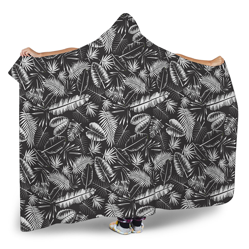 Black And White Tropical Palm Leaf Print Hooded Blanket