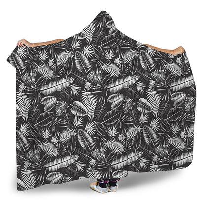 Black And White Tropical Palm Leaf Print Hooded Blanket