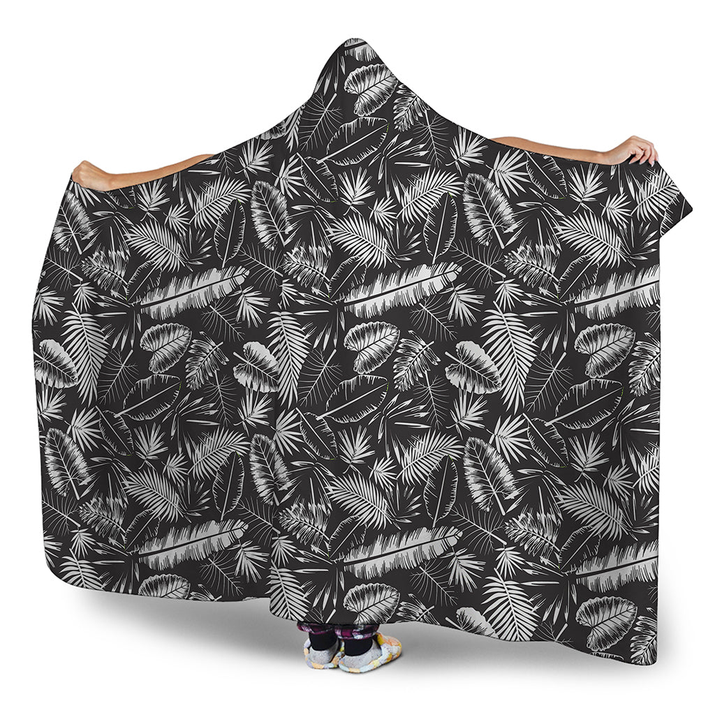 Black And White Tropical Palm Leaf Print Hooded Blanket