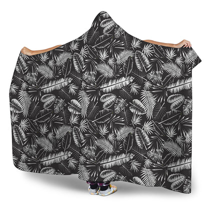 Black And White Tropical Palm Leaf Print Hooded Blanket