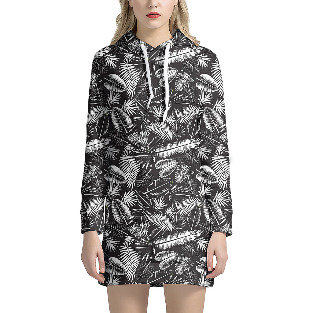 Black And White Tropical Palm Leaf Print Hoodie Dress