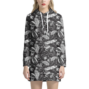 Black And White Tropical Palm Leaf Print Hoodie Dress