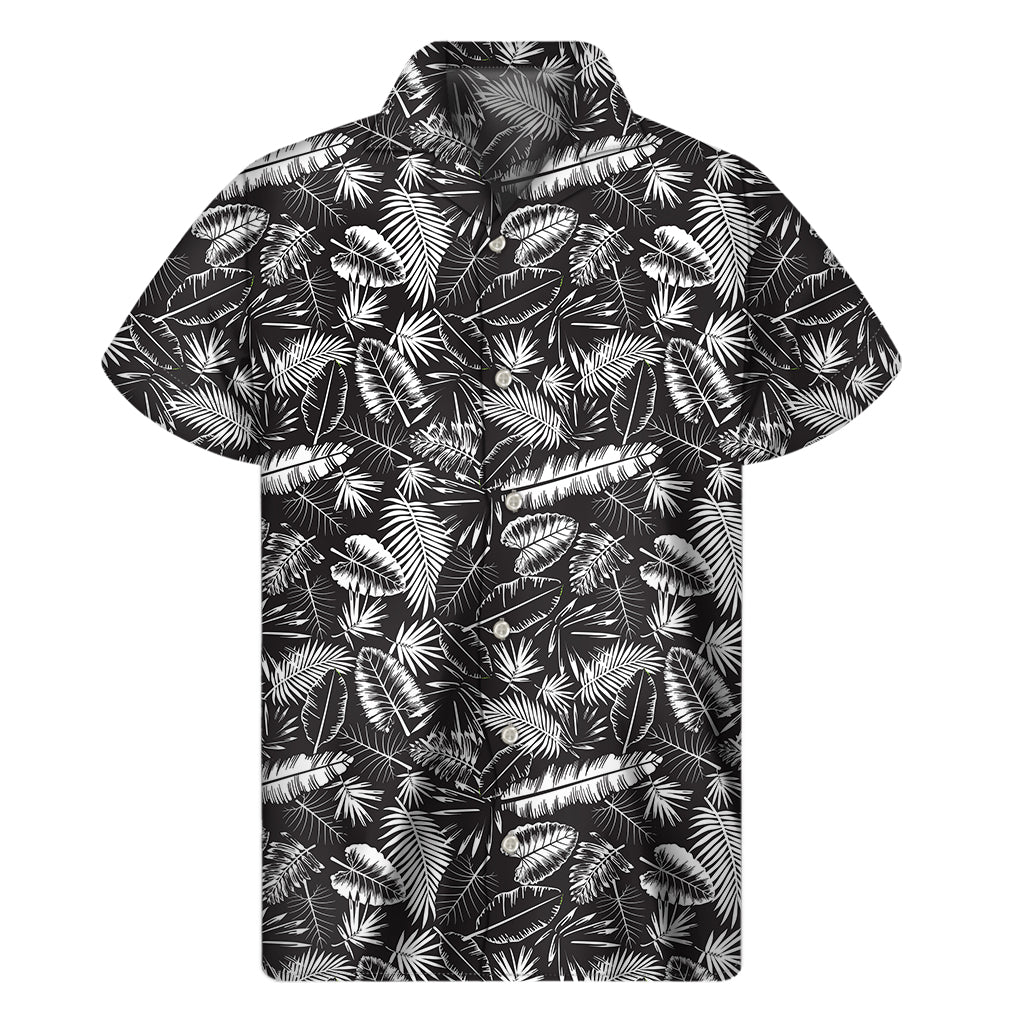 Black And White Tropical Palm Leaf Print Men's Short Sleeve Shirt