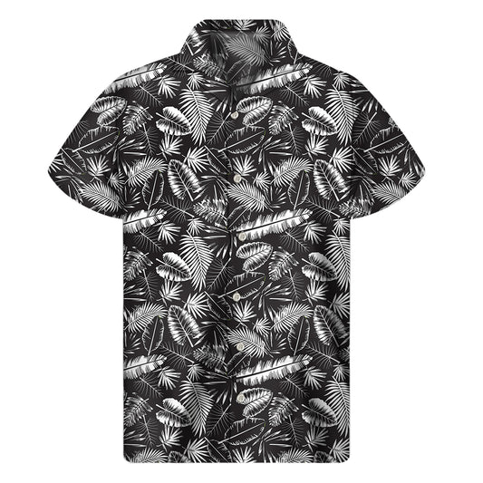 Black And White Tropical Palm Leaf Print Men's Short Sleeve Shirt