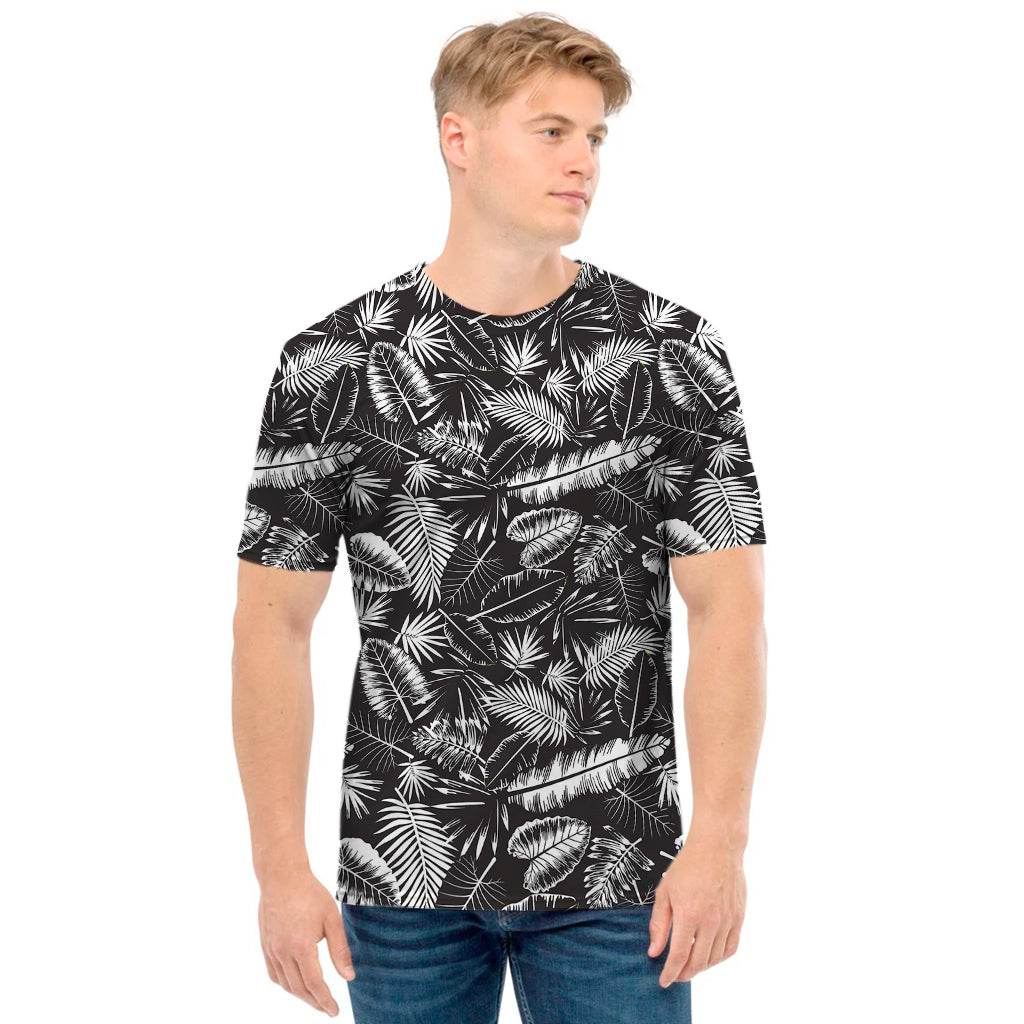 Black And White Tropical Palm Leaf Print Men's T-Shirt