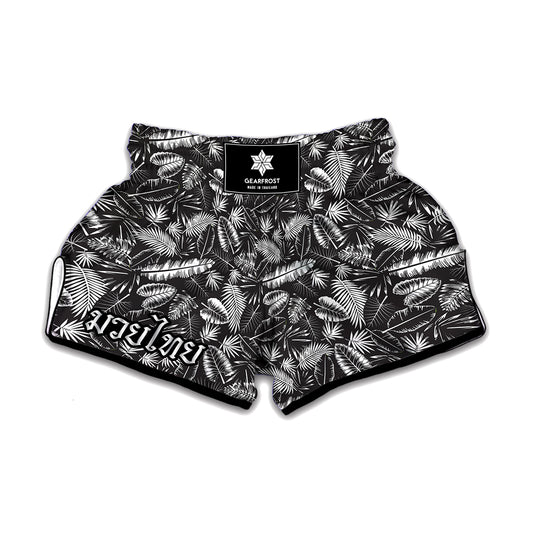 Black And White Tropical Palm Leaf Print Muay Thai Boxing Shorts