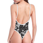 Black And White Tropical Palm Leaf Print One Piece High Cut Swimsuit