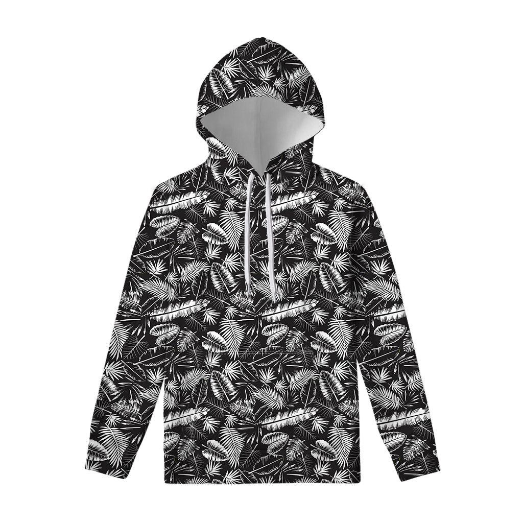 Black And White Tropical Palm Leaf Print Pullover Hoodie