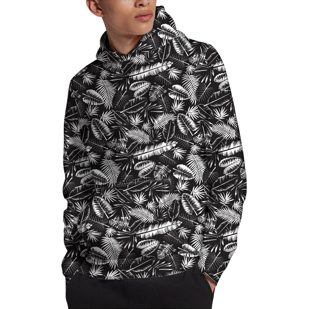 Black And White Tropical Palm Leaf Print Pullover Hoodie