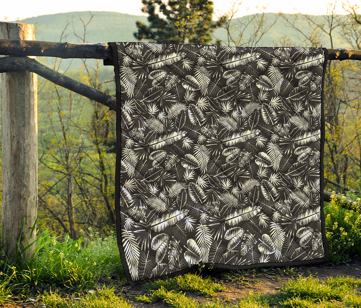 Black And White Tropical Palm Leaf Print Quilt
