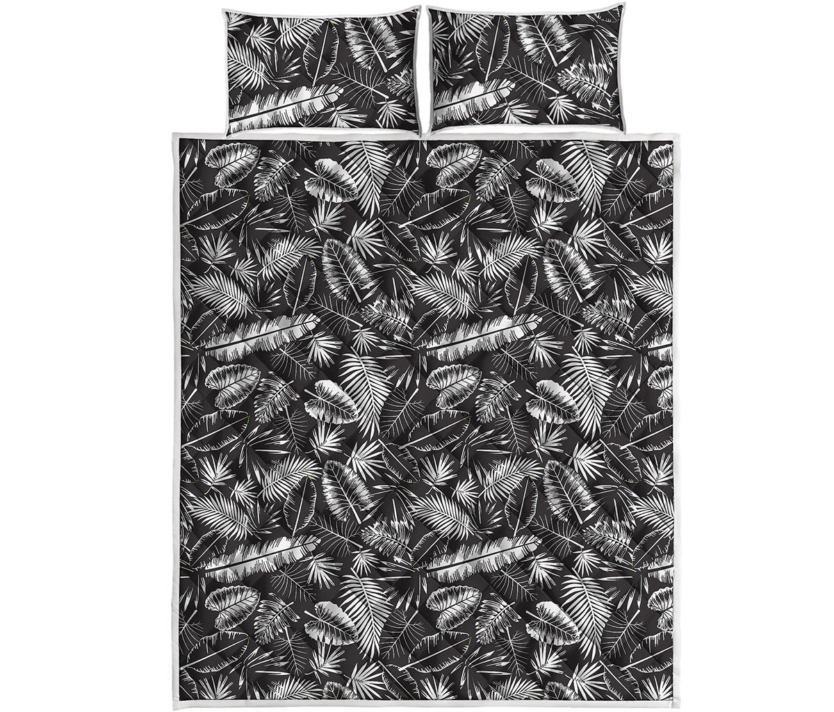 Black And White Tropical Palm Leaf Print Quilt Bed Set