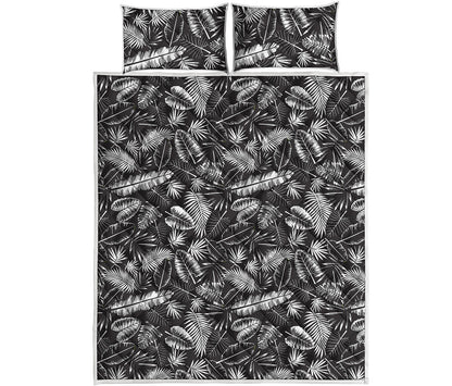 Black And White Tropical Palm Leaf Print Quilt Bed Set