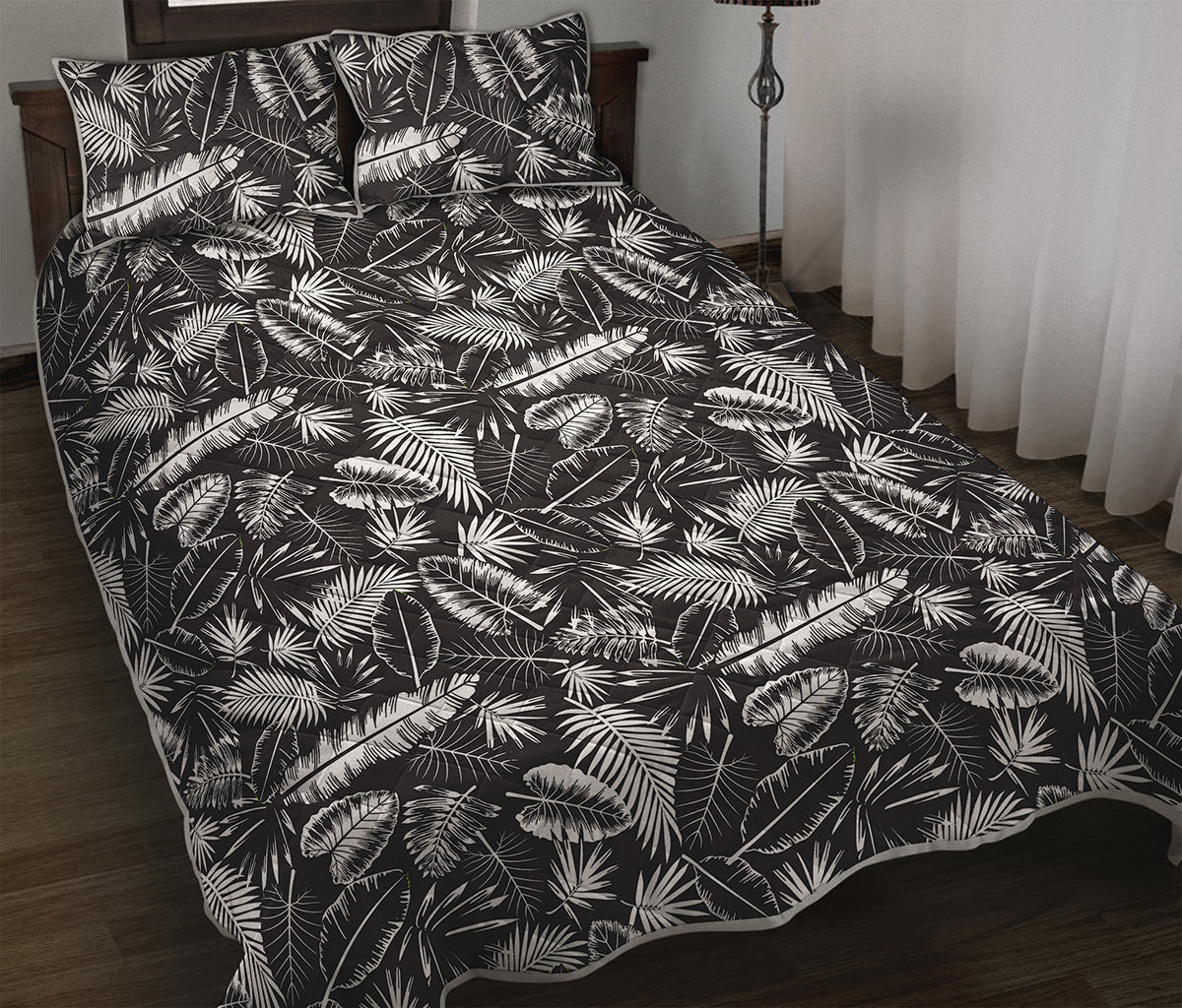 Black And White Tropical Palm Leaf Print Quilt Bed Set