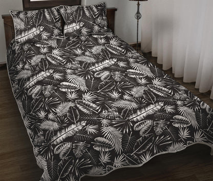 Black And White Tropical Palm Leaf Print Quilt Bed Set