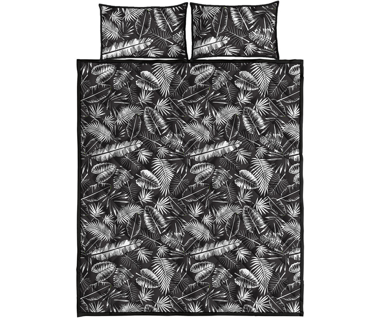 Black And White Tropical Palm Leaf Print Quilt Bed Set