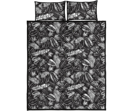 Black And White Tropical Palm Leaf Print Quilt Bed Set